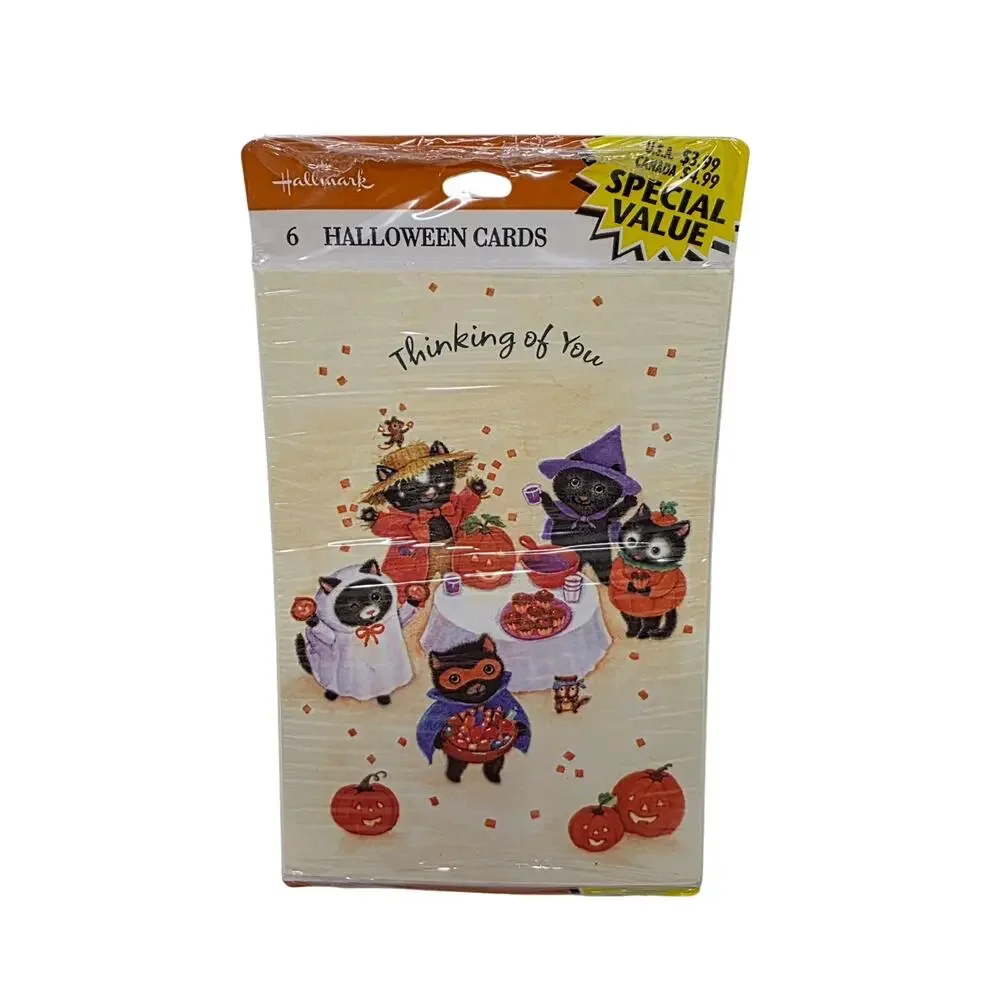 Vintage Hallmark Halloween Cat Cards Sealed Pack of 6 Black Kittens 2002